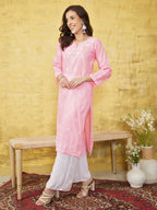 ADA Women Pink & White Chikankari Embroidered Straight Sustainable Handloom Kurta | Grocsy