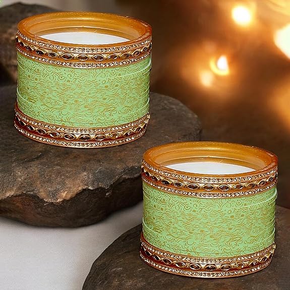 Tehzeeb Creations Bridal Bangle Set Wedding Punjabi Chuda Designer Chura CZ Stone with Kundan Stone Pista Color Small Size Choora for Women | Grocsy