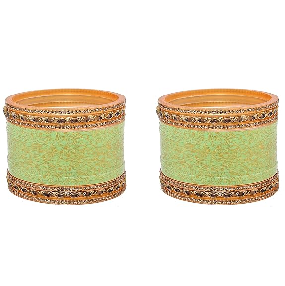 Tehzeeb Creations Bridal Bangle Set Wedding Punjabi Chuda Designer Chura CZ Stone with Kundan Stone Pista Color Small Size Choora for Women | Grocsy