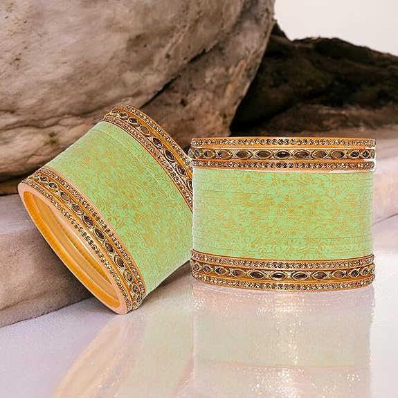 Tehzeeb Creations Bridal Bangle Set Wedding Punjabi Chuda Designer Chura CZ Stone with Kundan Stone Pista Color Small Size Choora for Women | Grocsy