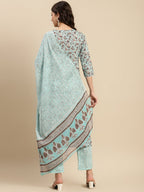 Sangria Sea Green & Brown Floral Printed Pure-Cotton Straight Kurta With Trouser & Dupatta | Grocsy