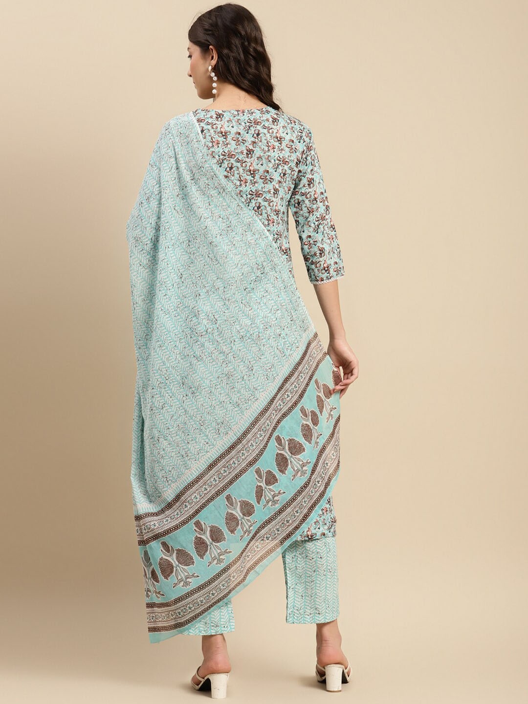 Sangria Sea Green & Brown Floral Printed Pure-Cotton Straight Kurta With Trouser & Dupatta | Grocsy