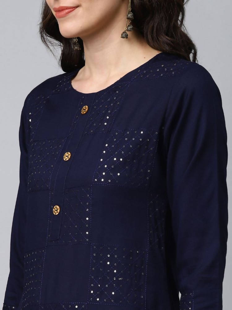 Yufta Women Navy Blue & White Solid Kurta with Palazzo | Grocsy