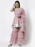 Myshka Women Pink Pure Cotton Printed Sleeveless Round Neck Kurta With Sharara & Dupatta Set | Grocsy
