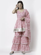 Myshka Women Pink Pure Cotton Printed Sleeveless Round Neck Kurta With Sharara & Dupatta Set | Grocsy
