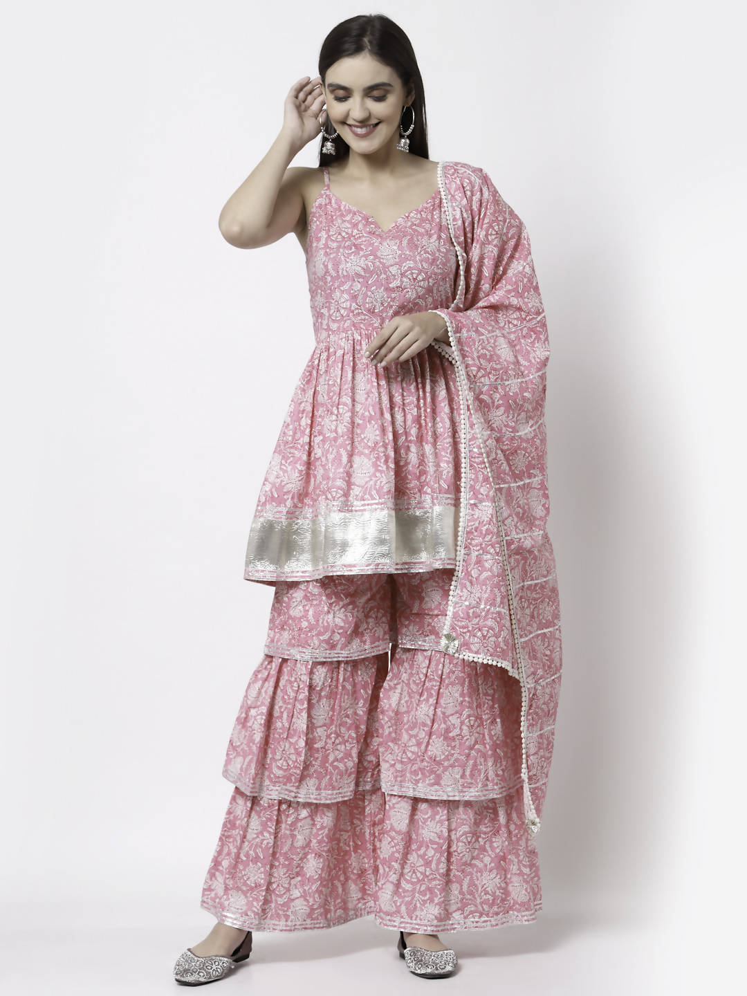 Myshka Women Pink Pure Cotton Printed Sleeveless Round Neck Kurta With Sharara & Dupatta Set | Grocsy