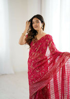PR Fashion Pink Georgette Patta Plain With Foil Work And Small Lace And Zalar Lace Saree | Grocsy