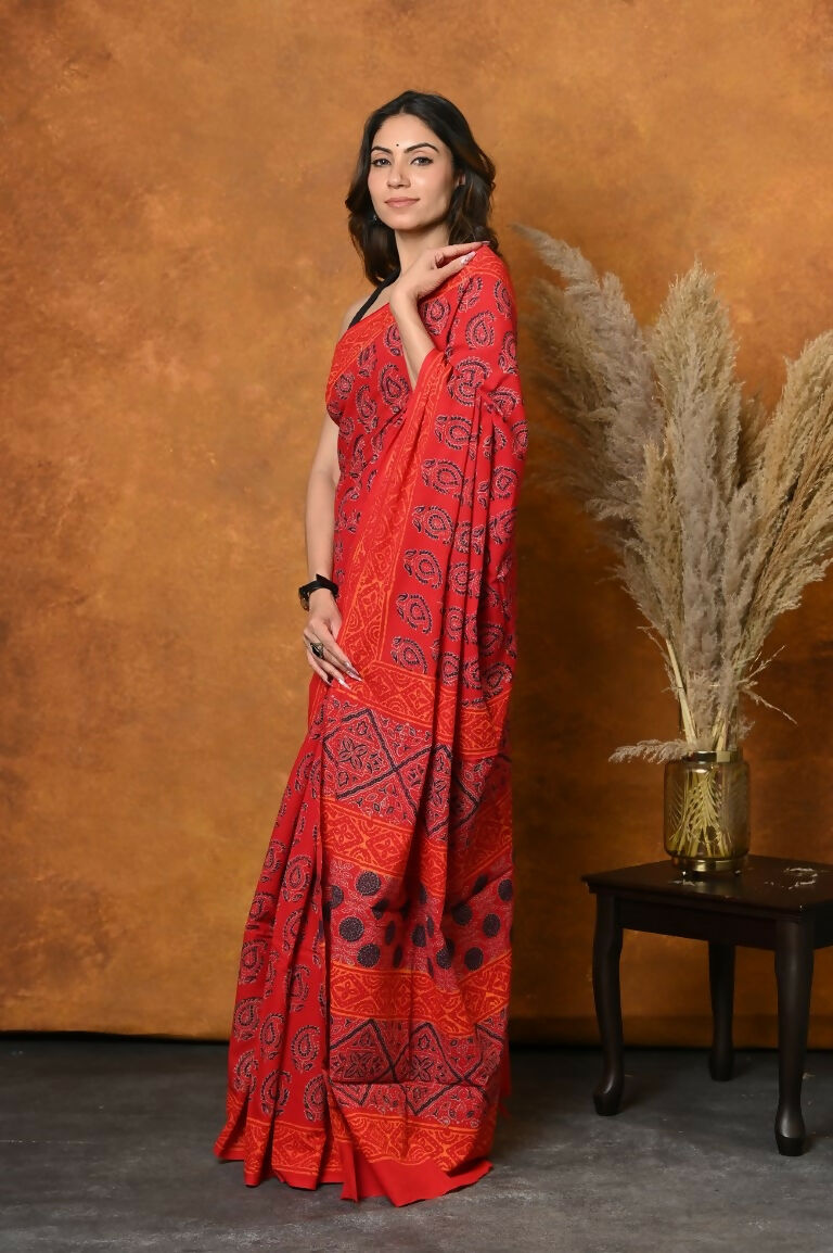 Very Much Indian Handblock Printed Cotton Saree With Natural Dyes - Red | Grocsy