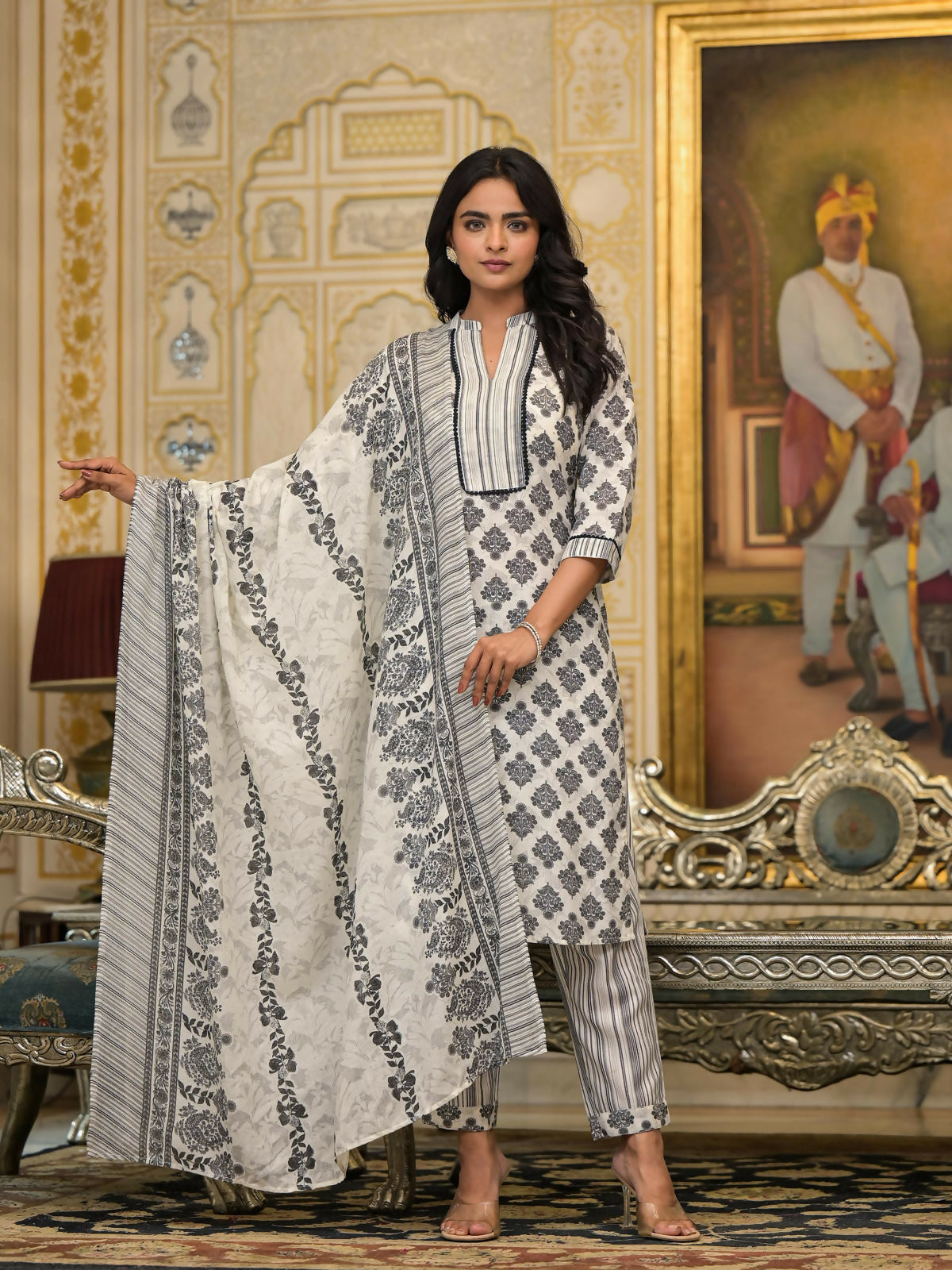 Juniper Women's White Floral Printed Cotton Kurta Pant With Dupatta Set With Lace | Grocsy