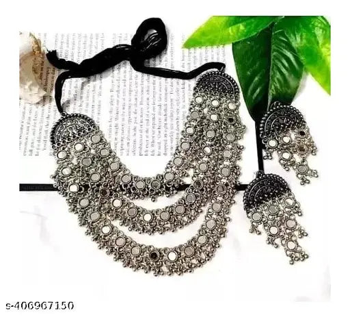 Tehzeeb Creations Women's Silver Colour Oxidised Necklace Set With Mirror Work | Grocsy