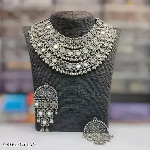 Tehzeeb Creations Women's Silver Colour Oxidised Necklace Set With Mirror Work | Grocsy