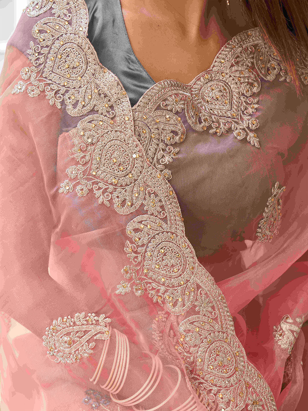 Tikhi Imli Floral Beads and Stones Organza Heavy Work Saree | Grocsy