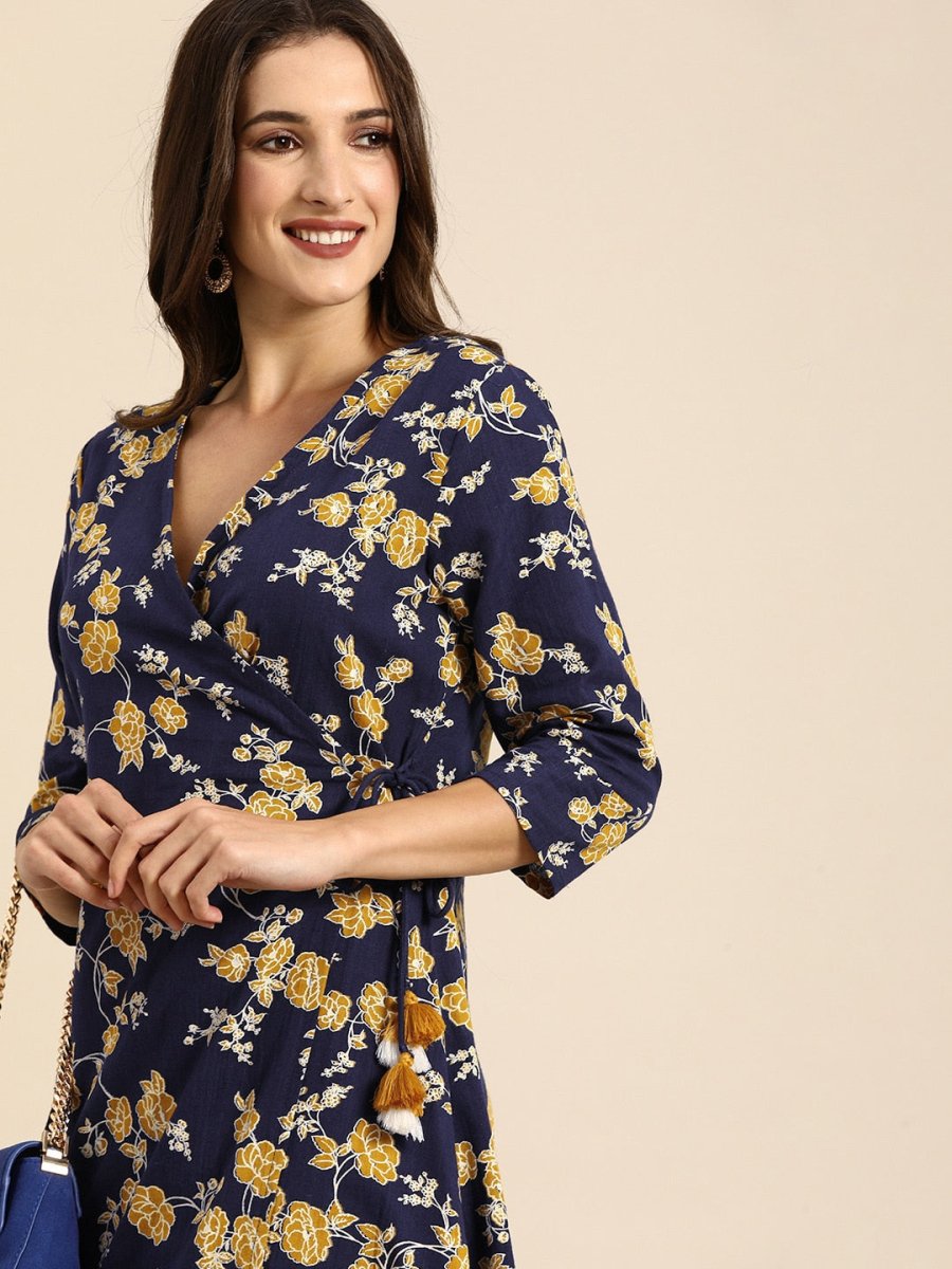 All About You Women Navy Blue Floral Printed Angrakha Pure Cotton Kurta with Trousers | Grocsy