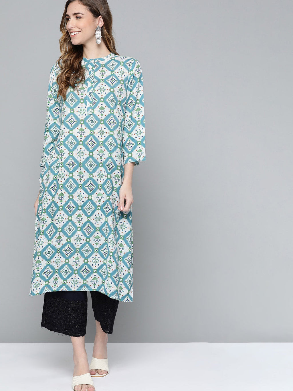 HERE&NOW Women Blue & White Ethnic Motifs Print Kurta | Grocsy