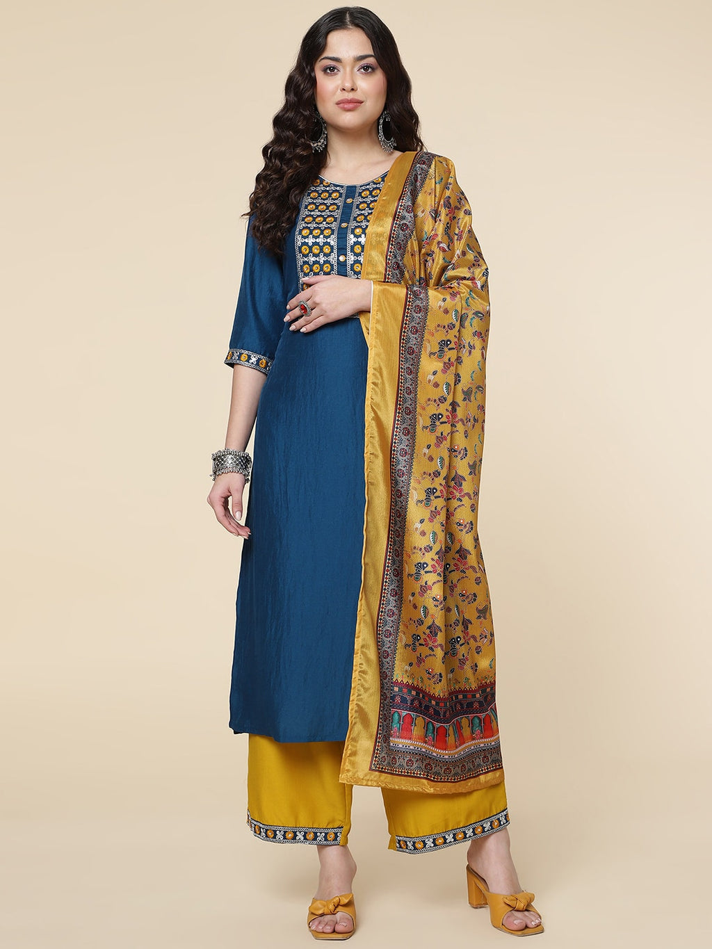 HERE&NOW Ethnic Motifs Embroidered Mirror Work Jute Silk Kurta with Trousers & Dupatta | Grocsy