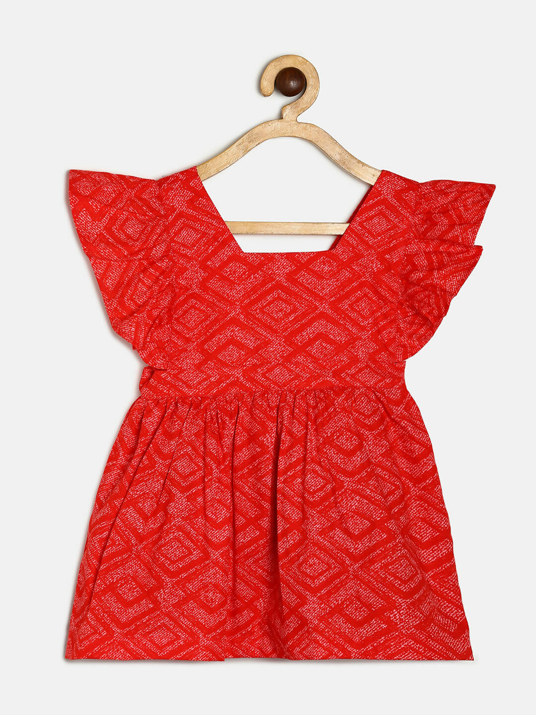 Manet Girls Cotton V Neck Frill Frock Printed - Red | Grocsy