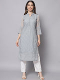 HERE&NOW Women Grey Ethnic Motifs Embroidered Thread Work Georgette Kurta | Grocsy