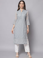HERE&NOW Women Grey Ethnic Motifs Embroidered Thread Work Georgette Kurta | Grocsy