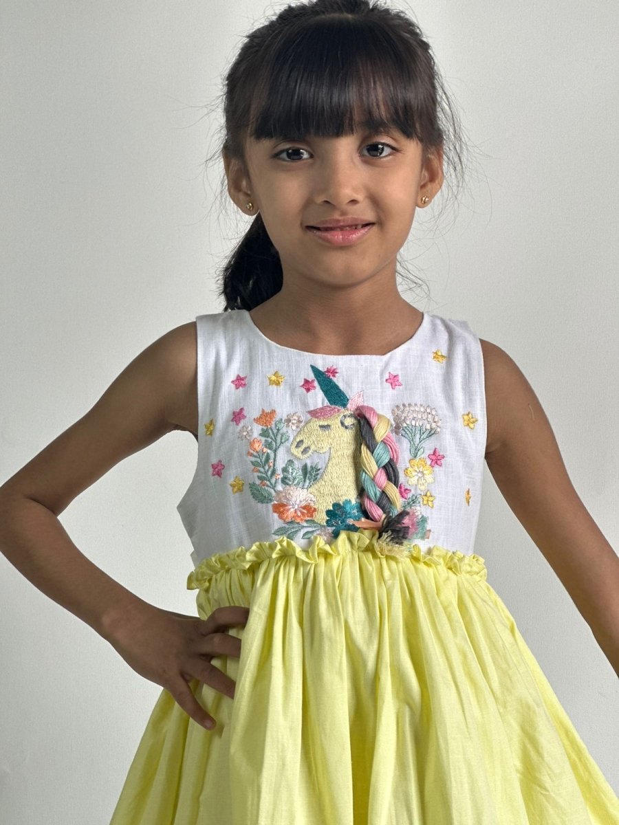 ArthLife White And Yellow Unicorn Embroidered Dress | Grocsy