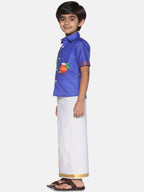 Sethukrishna Boys Blue & White Printed Shirt With Pure Cotton Dhoti Set | Grocsy