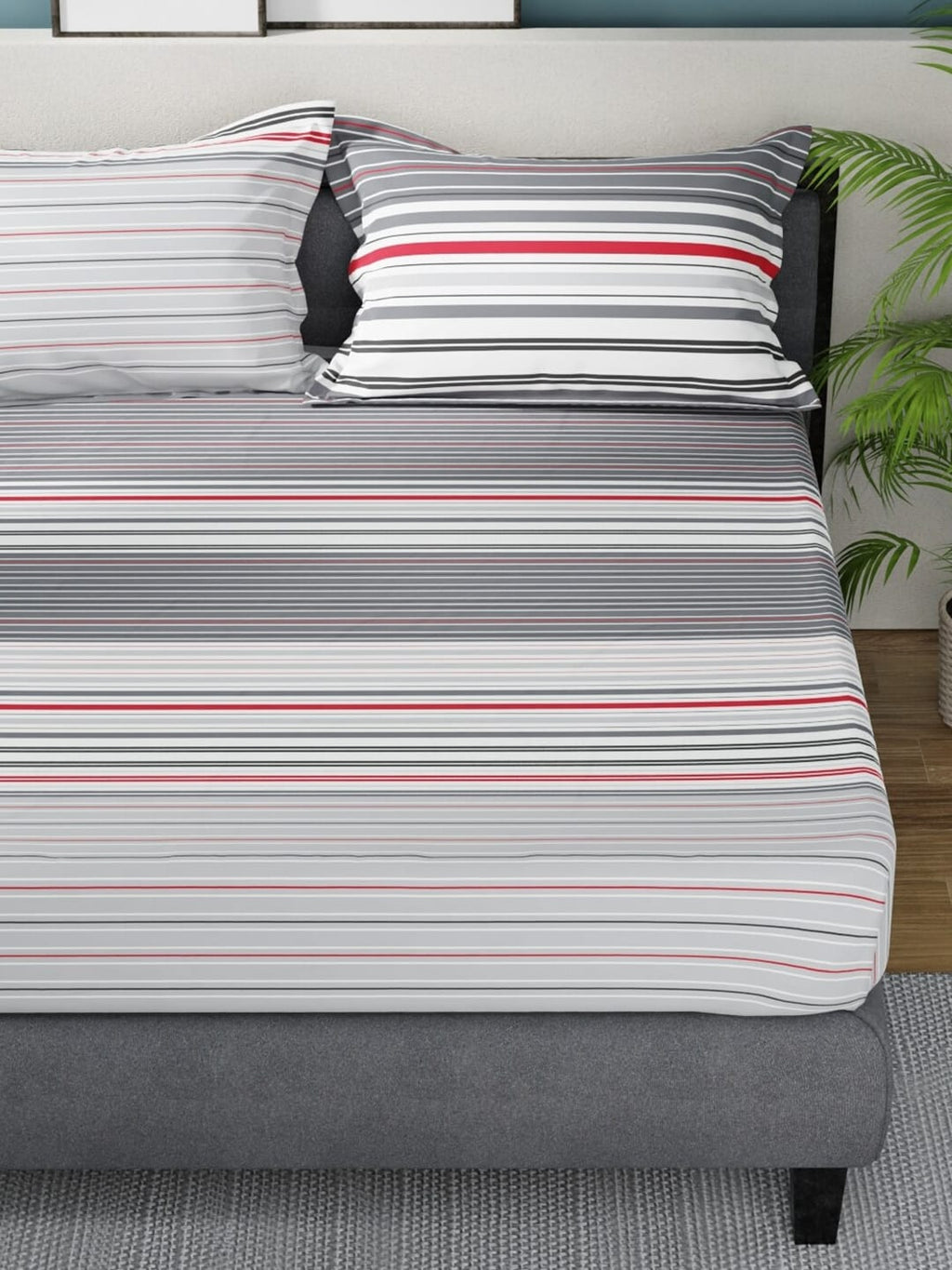 Nautica Bradford Grey & White Striped Cotton 160 TC King Bedsheet With 2 Pillow Covers | Grocsy
