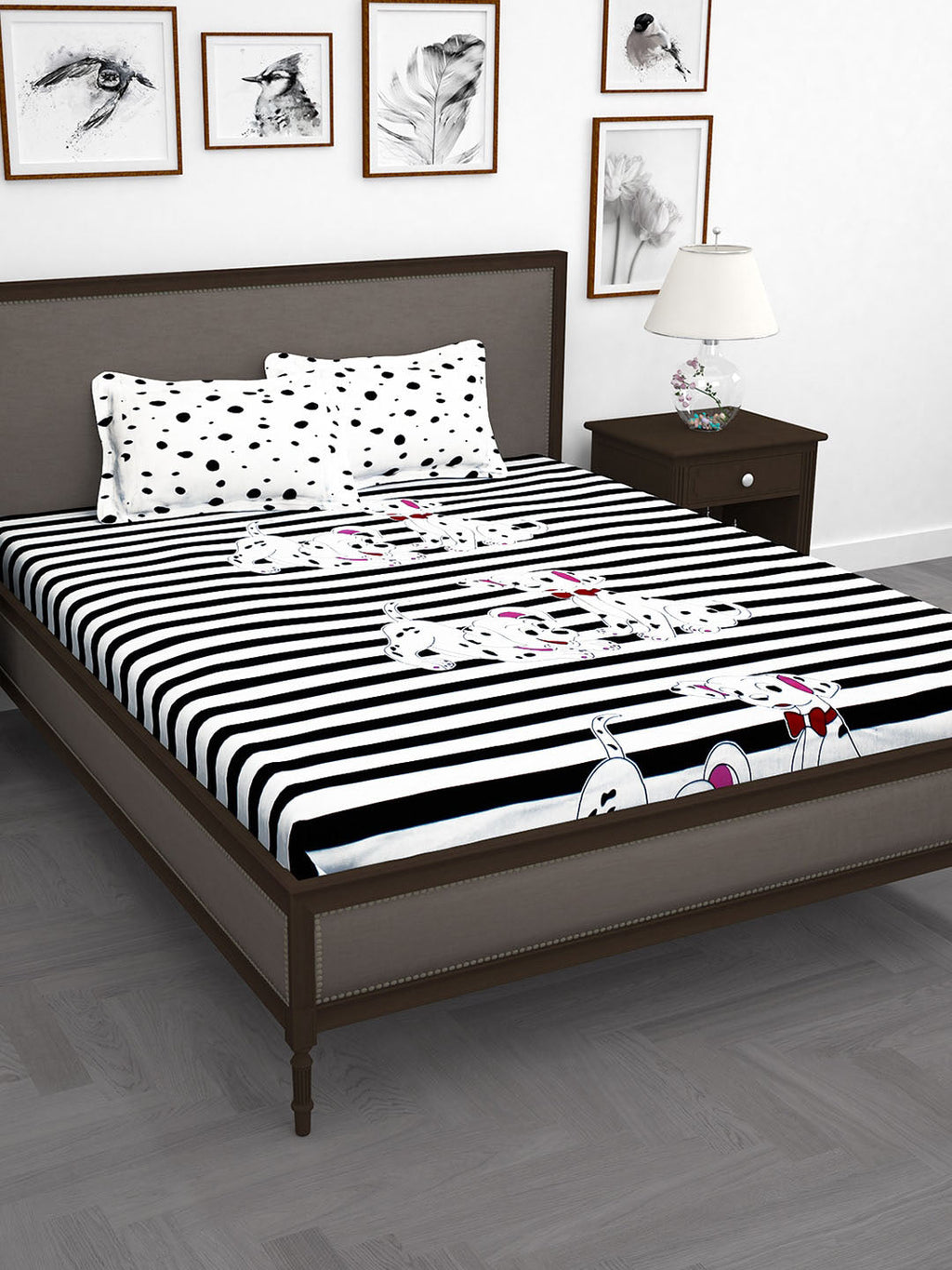 Story@home White & Black Cartoon Characters King Bedsheet with 2 Pillow Covers | Grocsy