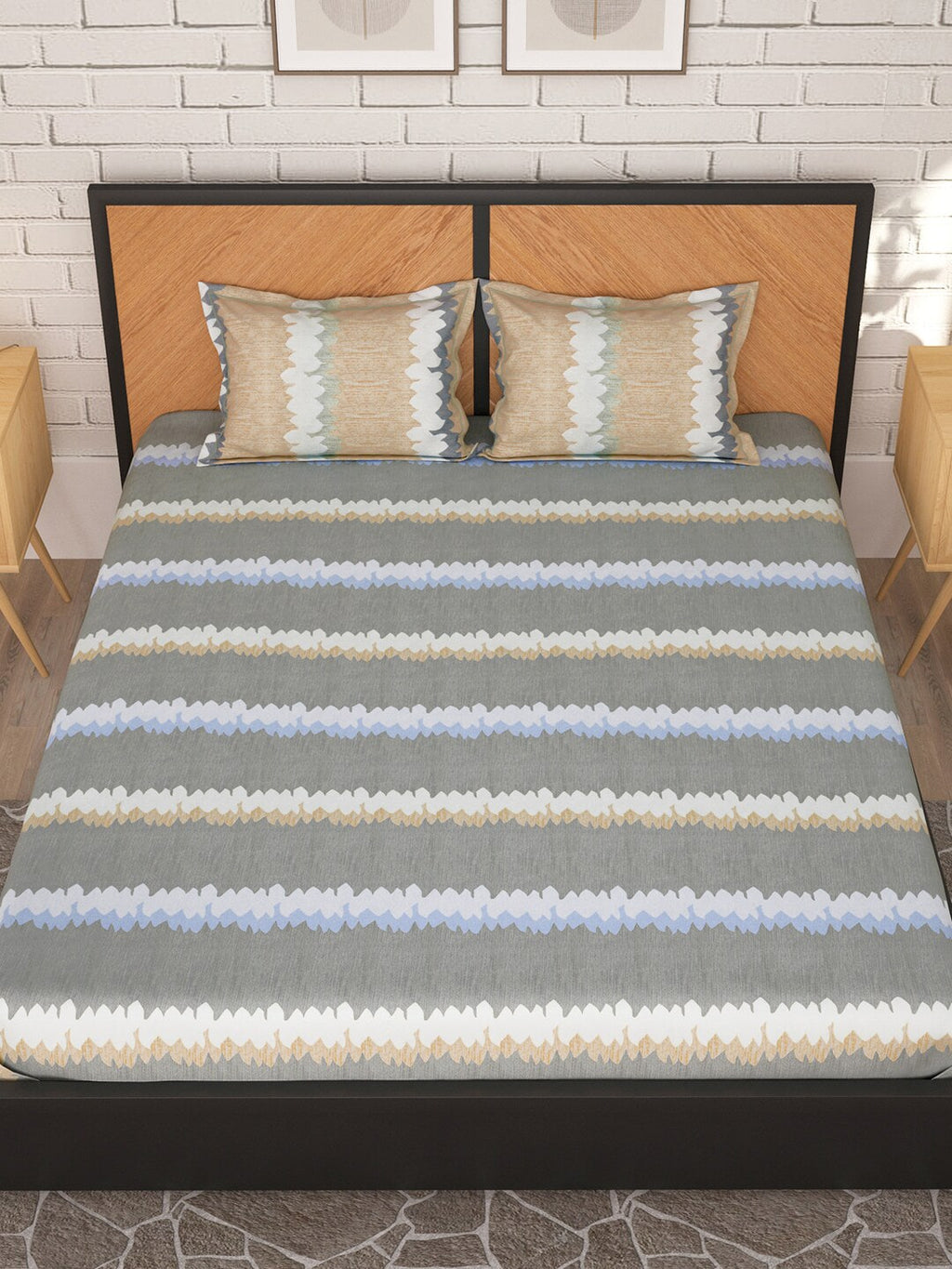 Story@home Grey & Peach-Coloured Striped 180 TC Queen Bedsheet With 2 Pillow Covers | Grocsy