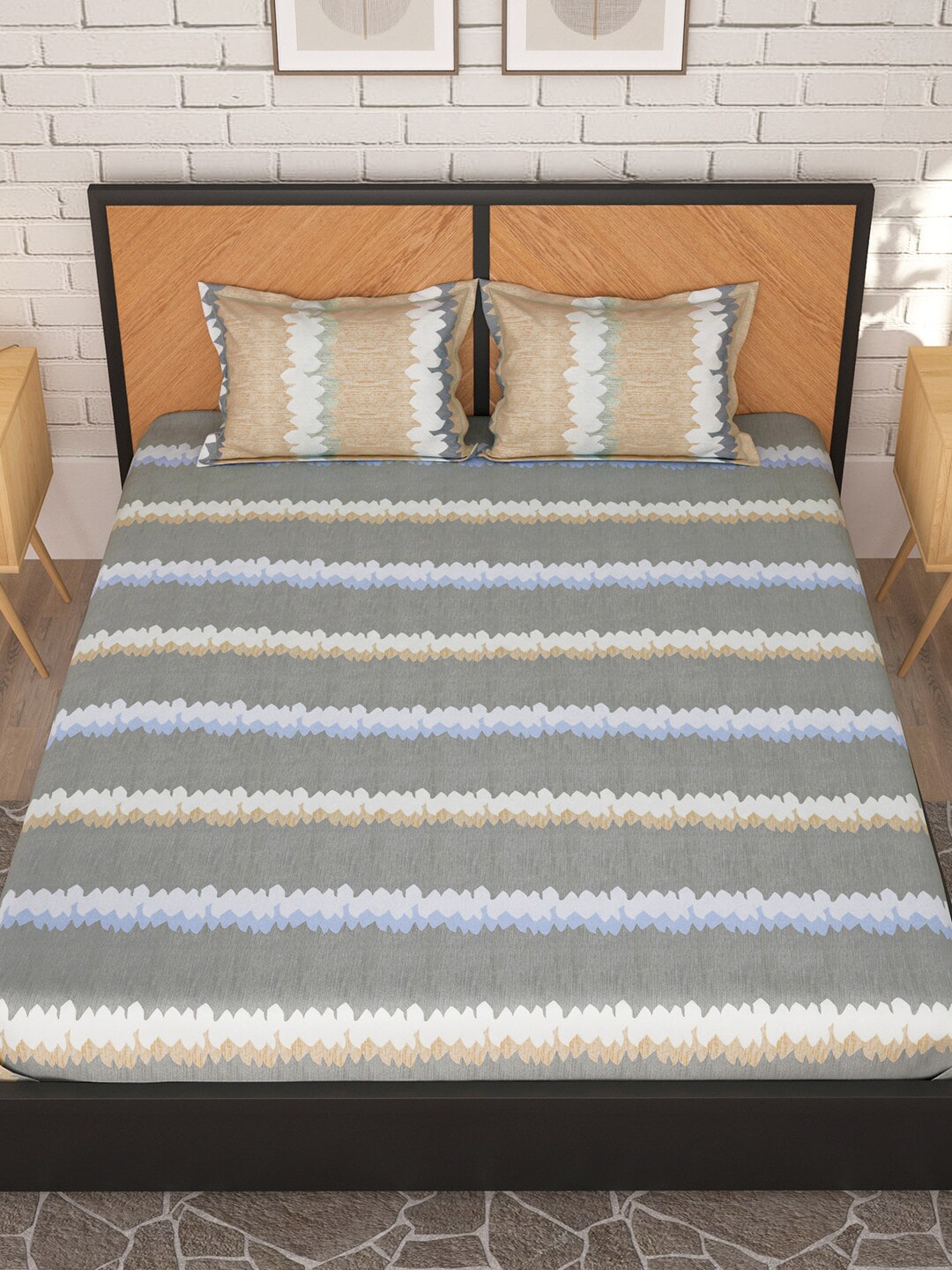 Story@home Grey & Peach-Coloured Striped 180 TC Queen Bedsheet With 2 Pillow Covers | Grocsy