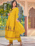 Sangria Yellow Floral Printed & Mirror Work Cotton Anarkali Kurta With Trouser & Dupatta | Grocsy