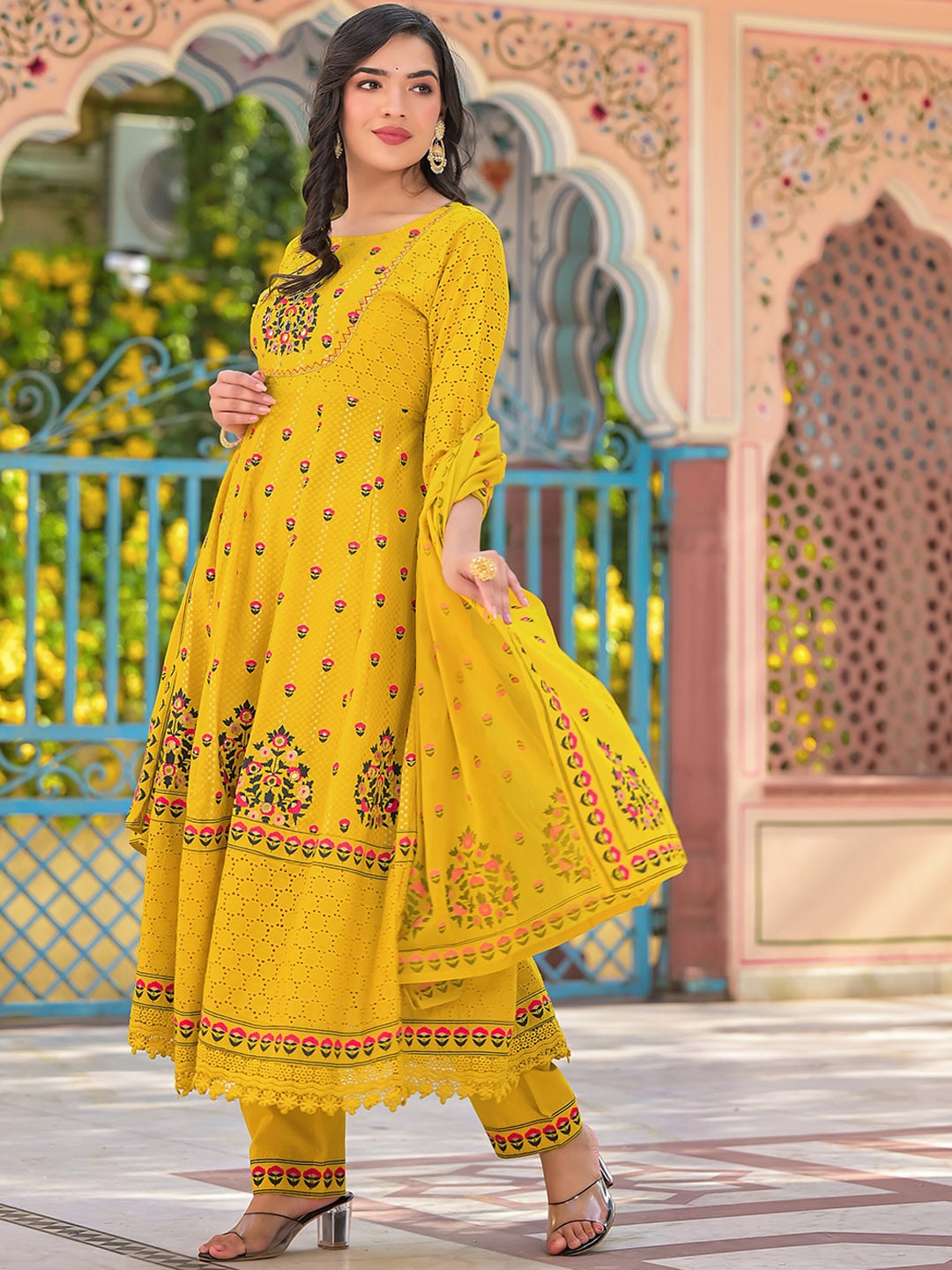 Sangria Yellow Floral Printed & Mirror Work Cotton Anarkali Kurta With Trouser & Dupatta | Grocsy
