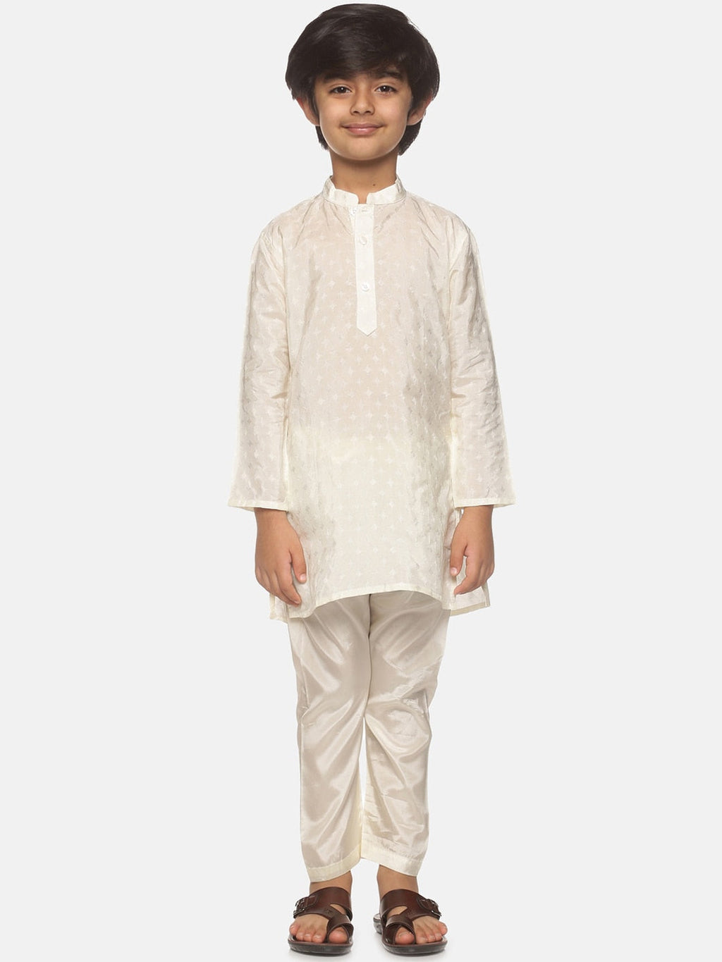 Sethukrishna Boys Cream-Coloured Printed Kurta with Pyjamas | Grocsy