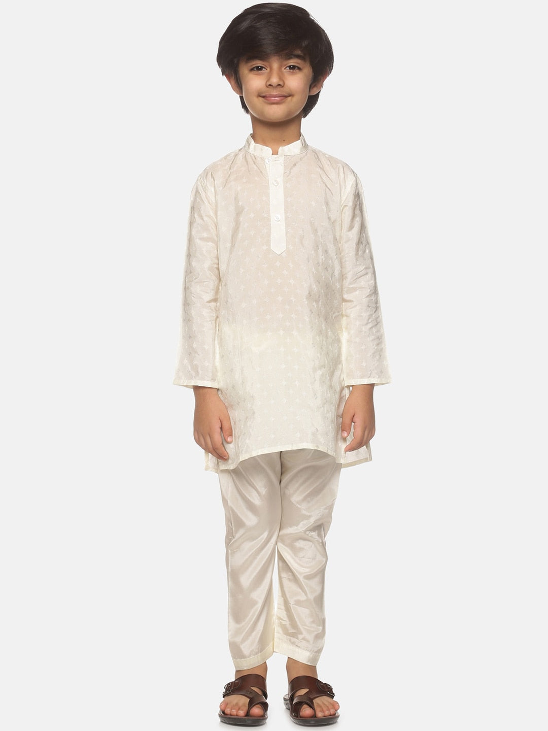 Sethukrishna Boys Cream-Coloured Printed Kurta with Pyjamas | Grocsy
