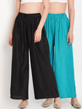 TAG 7 Women Pack Of 2 Black & Teal Blue Solid Flared Palazzos | Grocsy