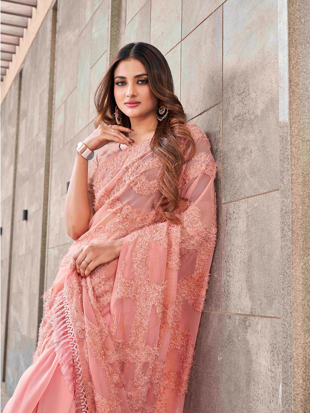 Tikhi Imli Peach Abstract Woven Design Half And Half Saree | Grocsy