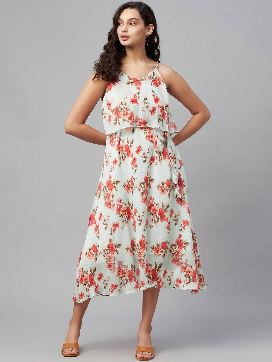 Myshka Women Multicolor Printed Sleeveless V Neck Dress | Grocsy