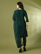 Myshka Women's Green Embroidered Cotton Straight Party Kurta Set With Dupatta | Grocsy