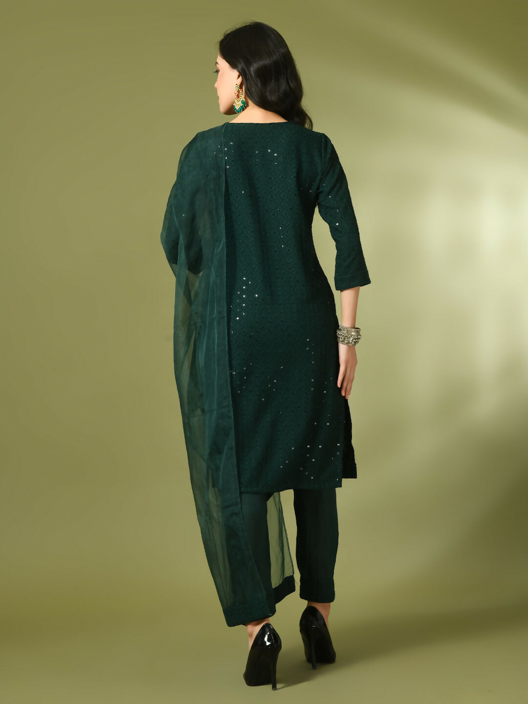 Myshka Women's Green Embroidered Cotton Straight Party Kurta Set With Dupatta | Grocsy