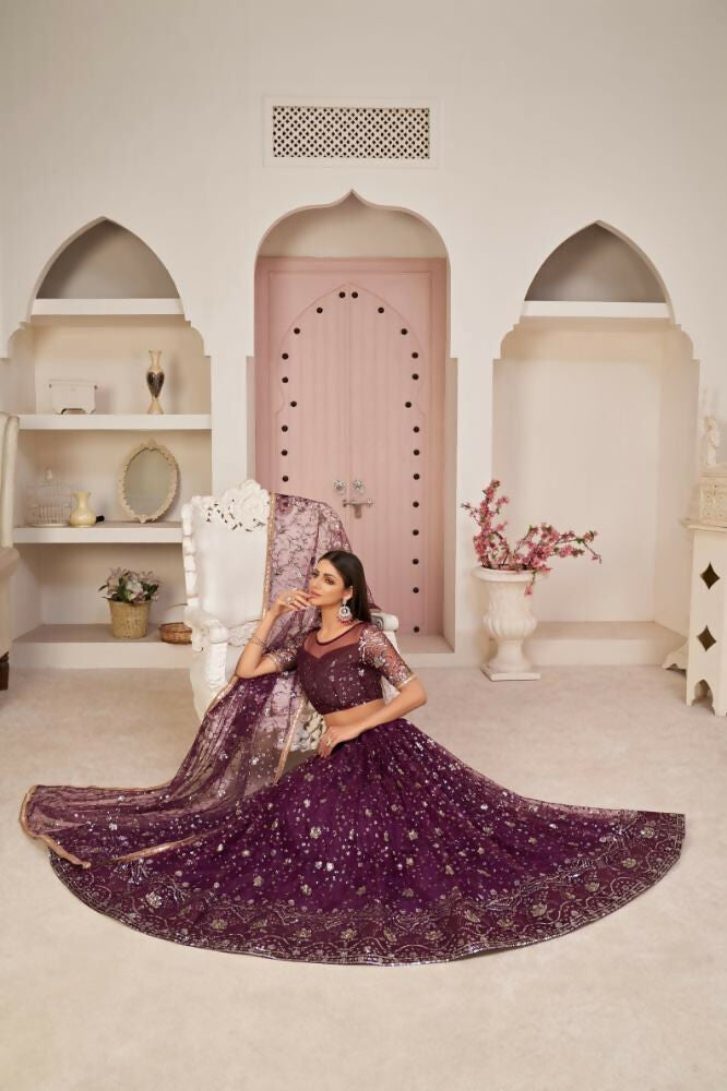 Aastha Fashion Wine Butterfly Net All Over Thread Work, Zari Work And Sandwich Sequence Work Embroidery Wedding Wear Lehenga Choli | Grocsy