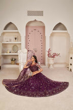 Aastha Fashion Wine Butterfly Net All Over Thread Work, Zari Work And Sandwich Sequence Work Embroidery Wedding Wear Lehenga Choli | Grocsy