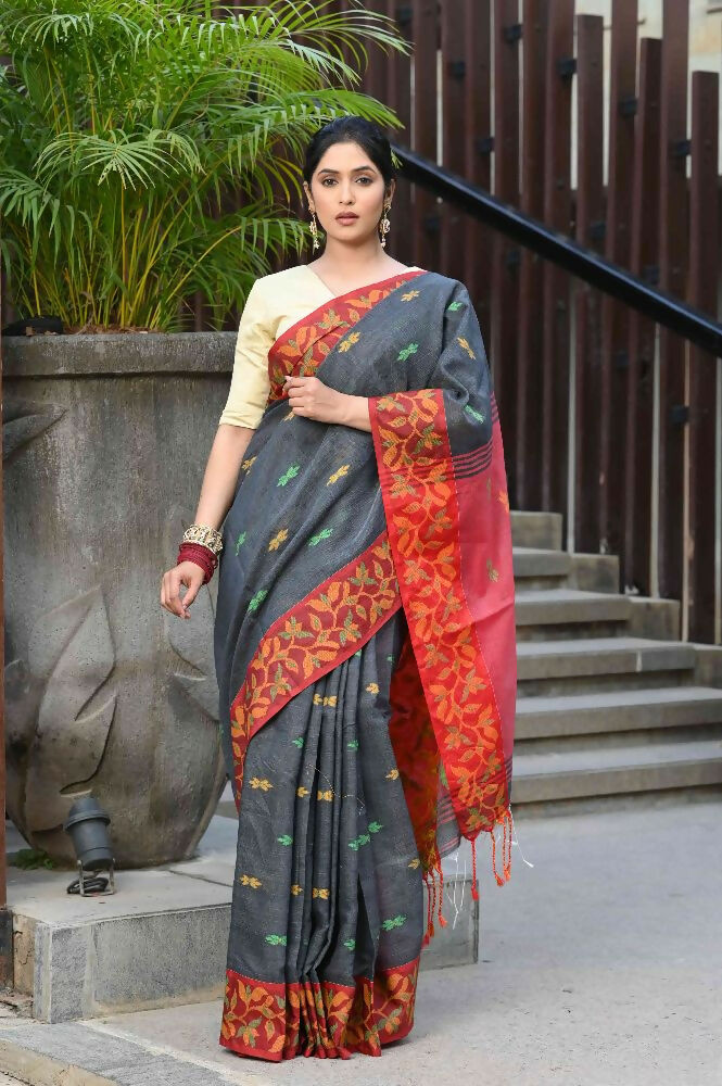 Beatitude Grey Slub Cotton Floral Jamdani Saree | Grocsy