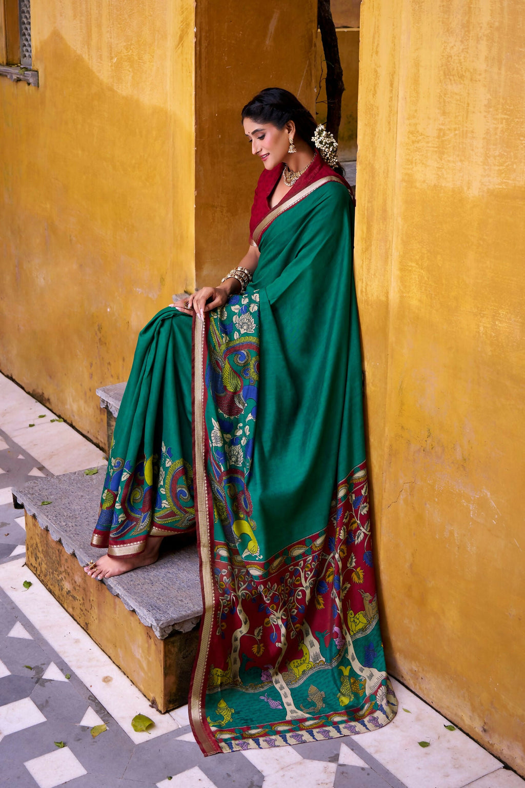 Vastranavya Firozi Viscose Chanderi Kalamkari Print with Zari Working Saree & Unstitched Blouse | Grocsy