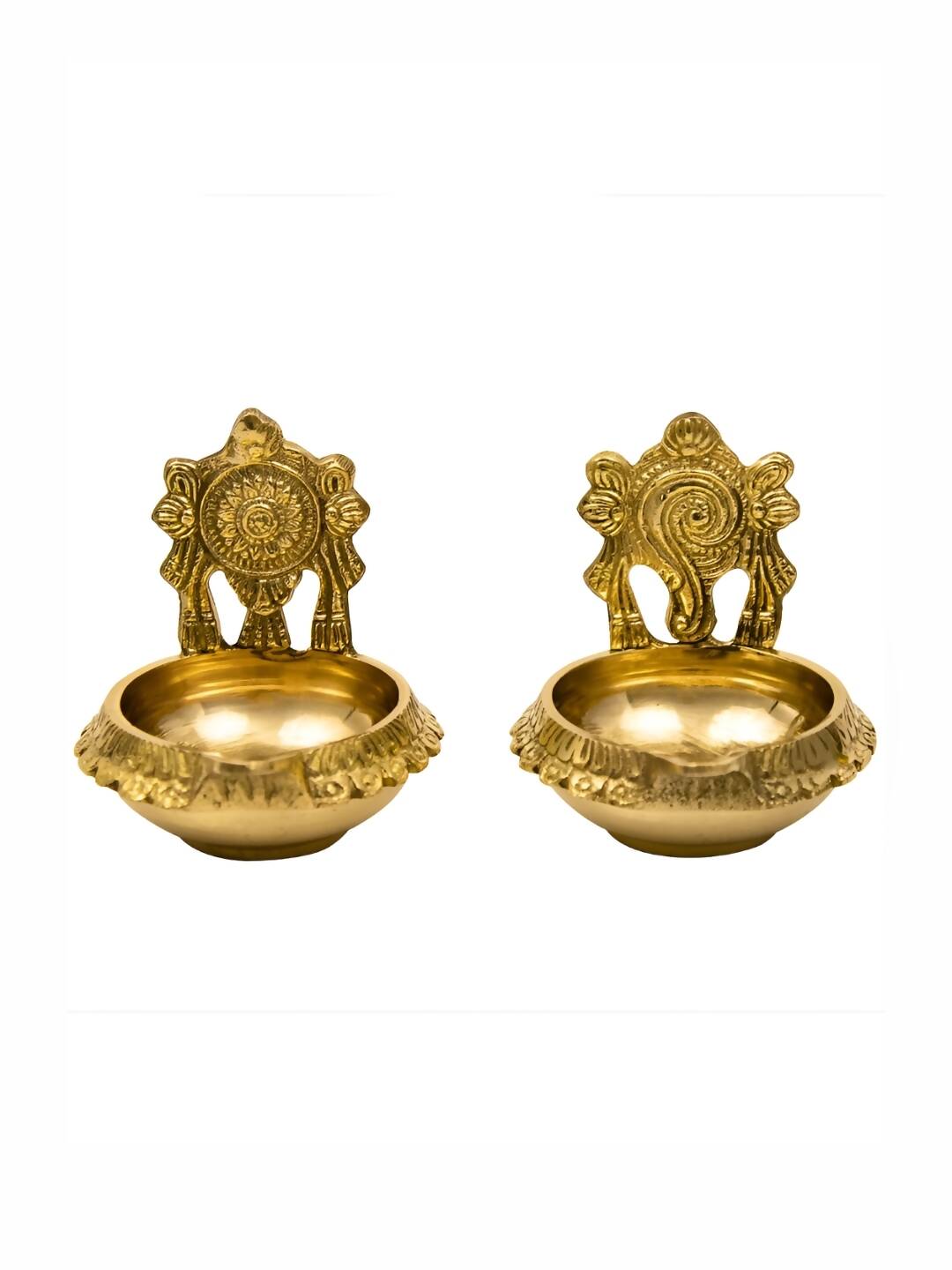 Spillbox Gold-Toned Brass 2 Pieces Shangu Chakra Kuber Diya Pooja Essentials | Grocsy