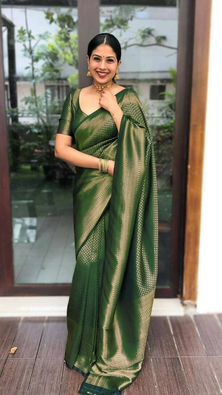 DEIANA'S Beautiful Designer Golden zari Soft Lichi Silk Saree - Green | Grocsy