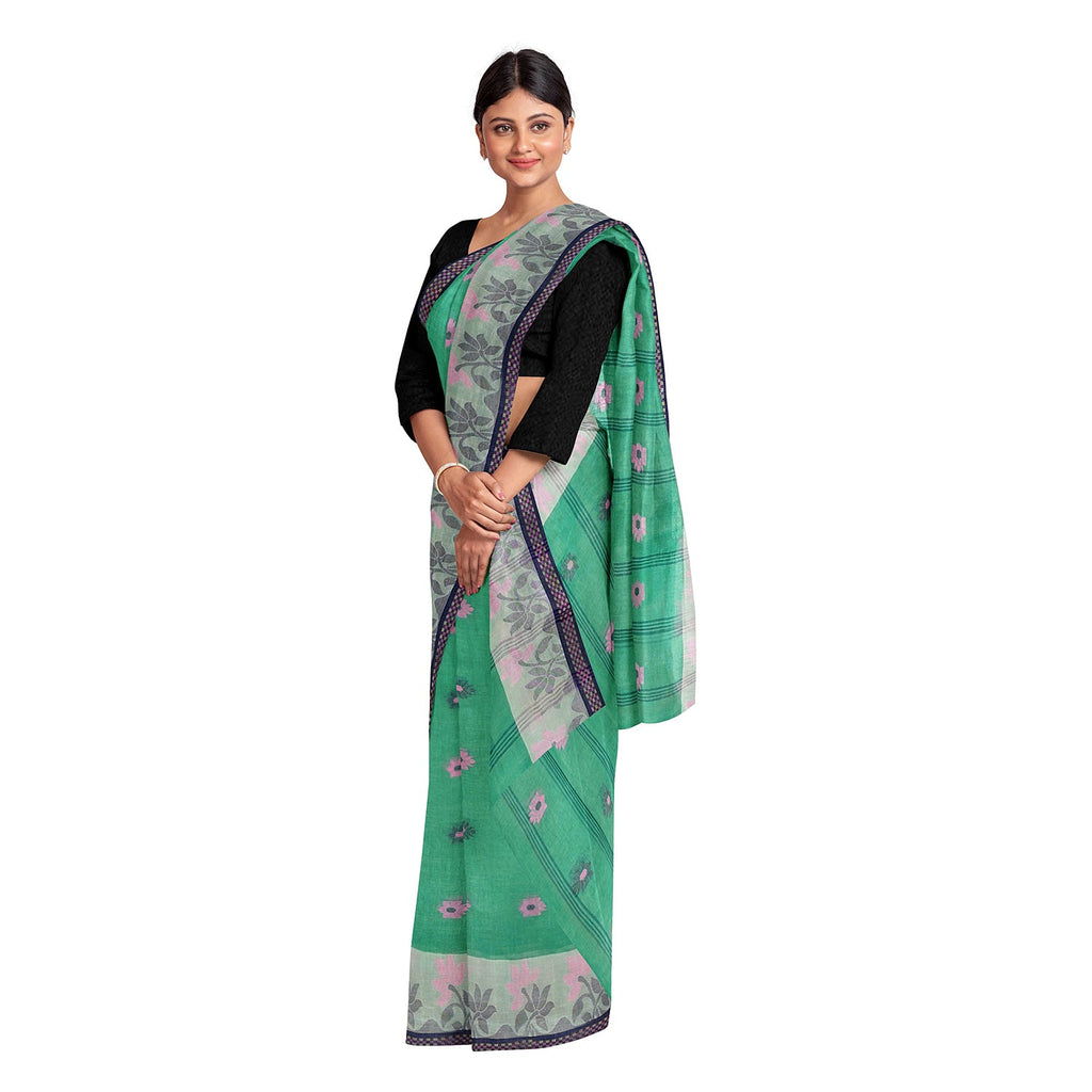Exclusive Collection 100% Pure Cotton Green Tant Saree With Hand Weaving Work | Grocsy