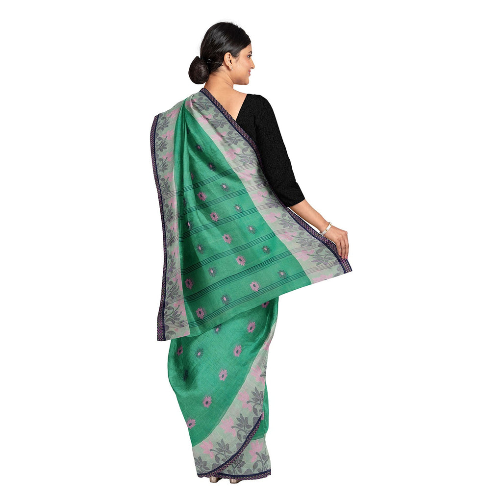 Exclusive Collection 100% Pure Cotton Green Tant Saree With Hand Weaving Work | Grocsy