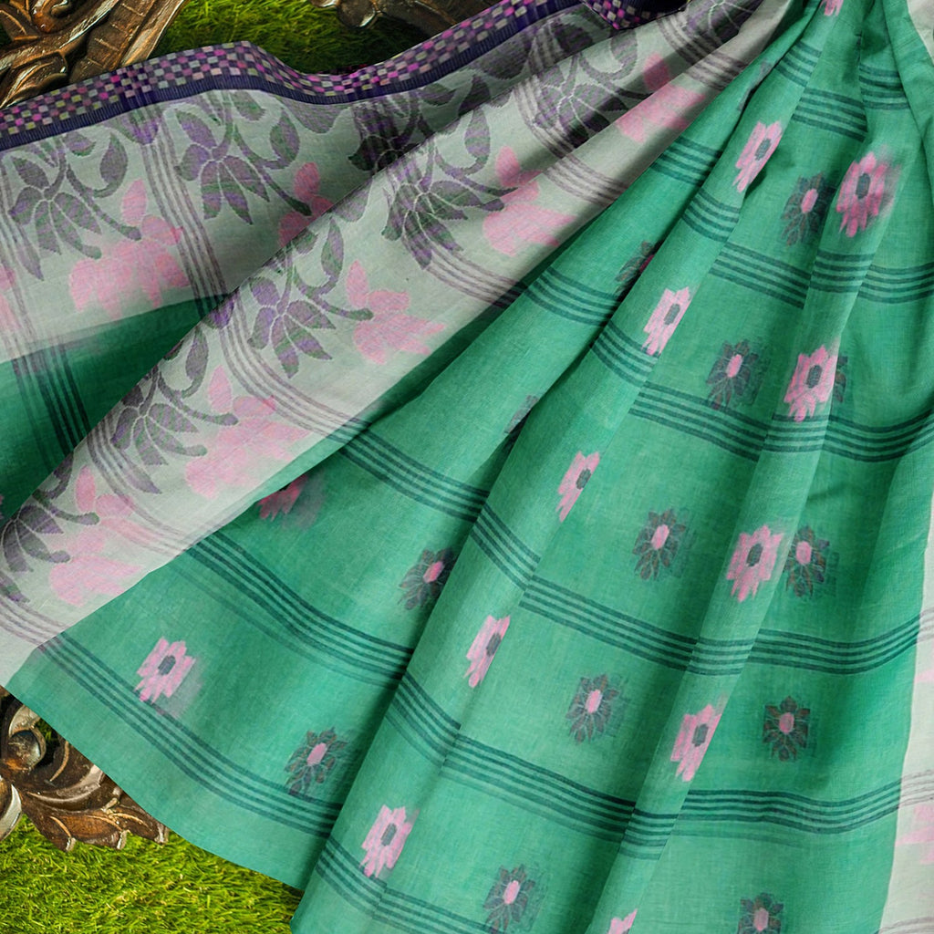 Exclusive Collection 100% Pure Cotton Green Tant Saree With Hand Weaving Work | Grocsy