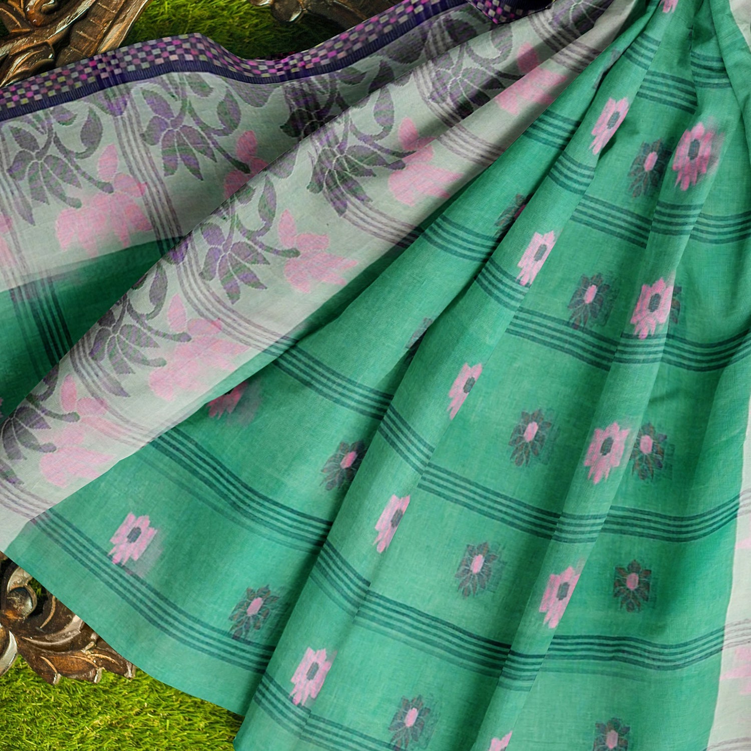 Exclusive Collection 100% Pure Cotton Green Tant Saree With Hand Weaving Work | Grocsy