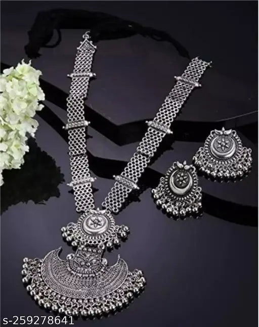 Tehzeeb Creations Women's Bahubali Oxidised Necklace Set With White Pearl - Swadesiicart