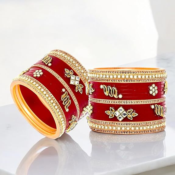 Tehzeeb Creations Bridal Bangle set Wedding punjabi chuda Designer chura Kundan Stone with Pearl Maroon Color choora | Grocsy
