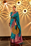Monjolika Fashion Blue Color Handloom Silk Classic Saree With Blouse | Grocsy